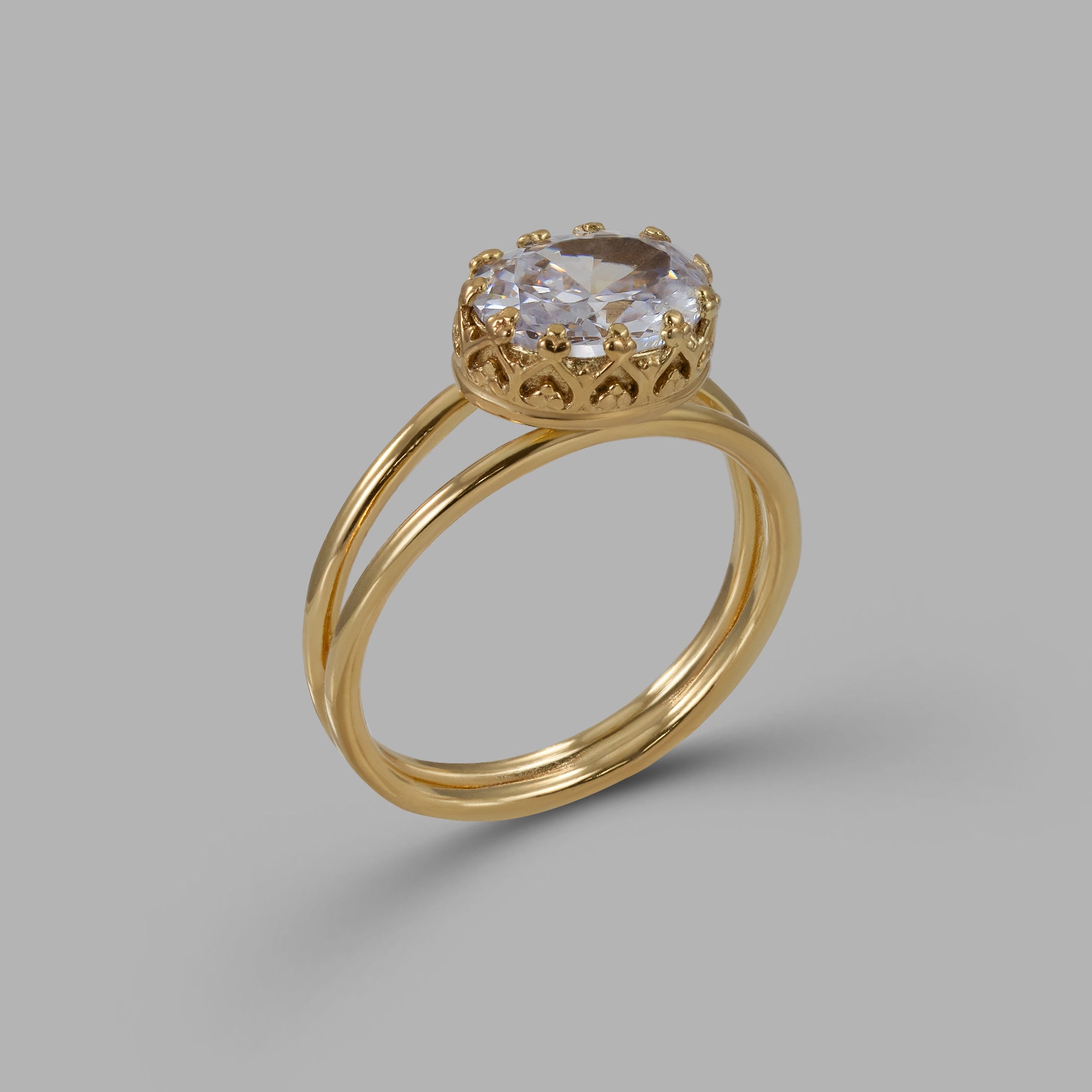 April Birthstone Clear Quartz Double Band Vintage Oval Crown Ring - H.L.Jewelry