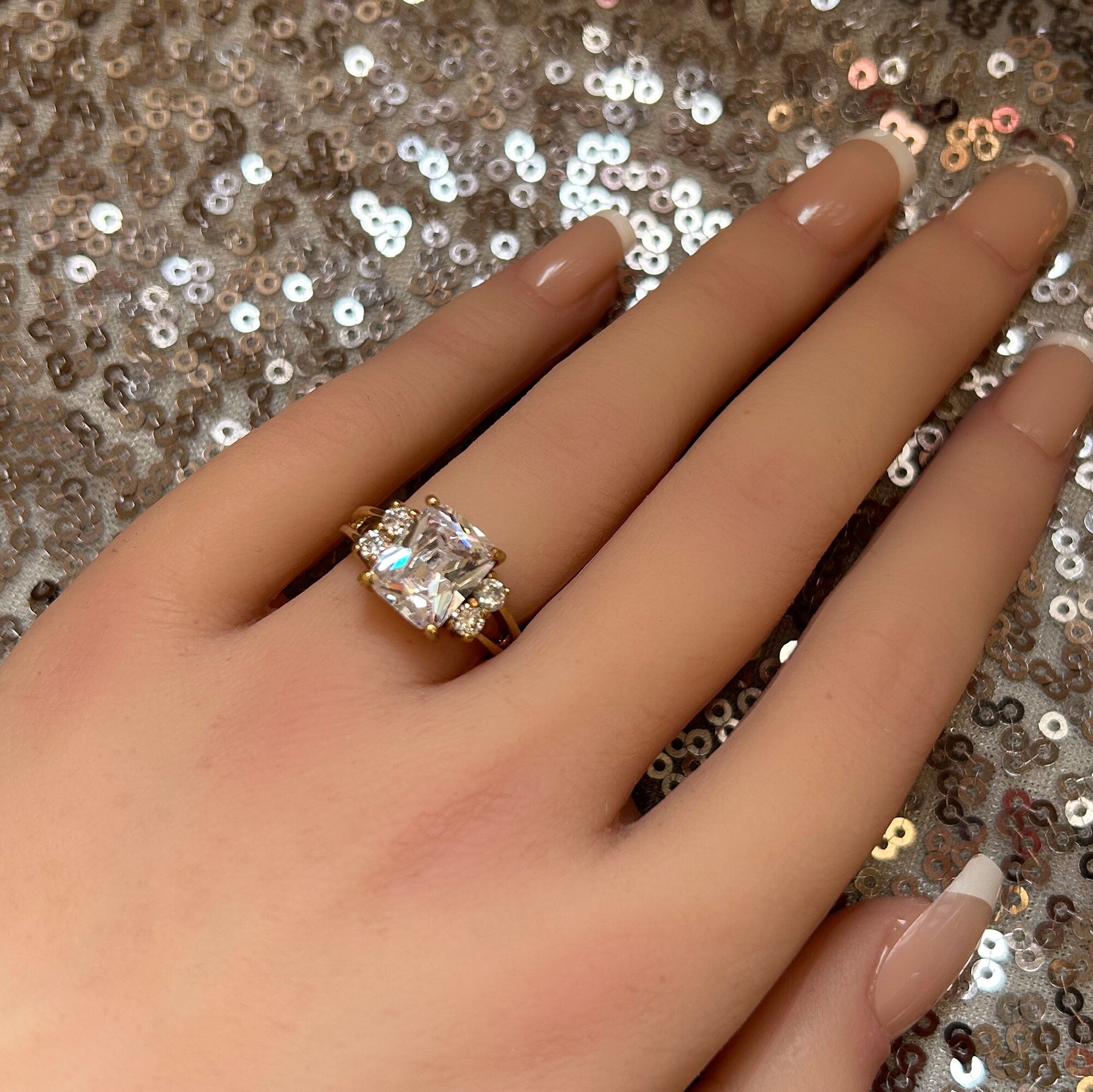 April Birthstone Octagon Clear Quartz Gemstone Double Band Ring - H.L.Jewelry