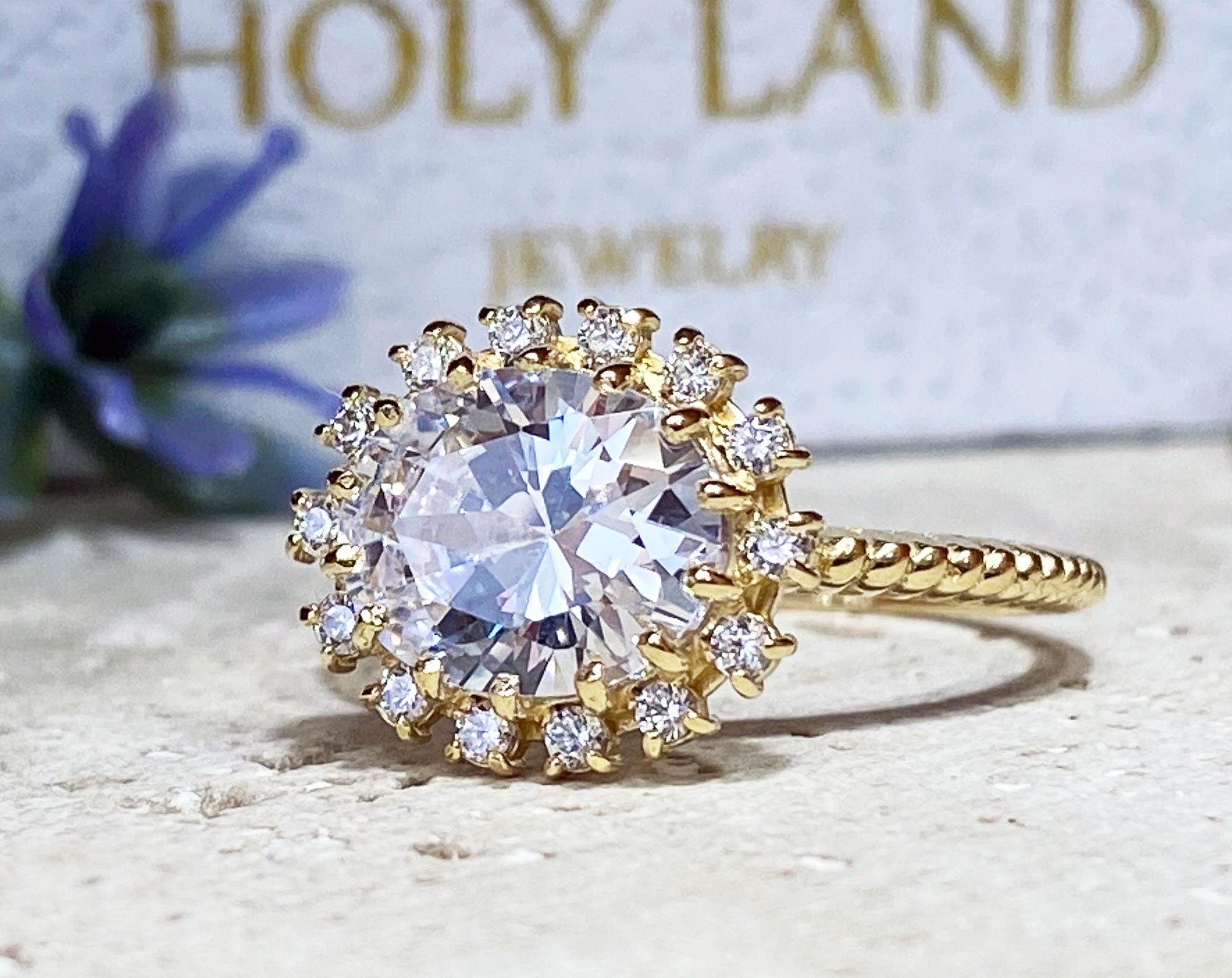 April Birthstone Oval Clear Quartz Engagement Ring with Clear Quartz Halo - H.L.Jewelry