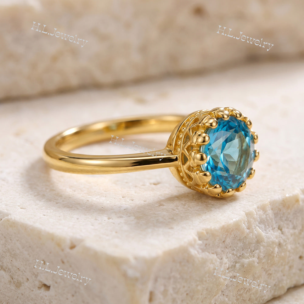 Blue Topaz Gemstone Round Crown Ring - H.L.Jewelry