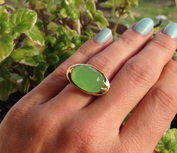 East-West Large Oval Rose Cut Green Chalcedony Bold Ring - H.L.Jewelry