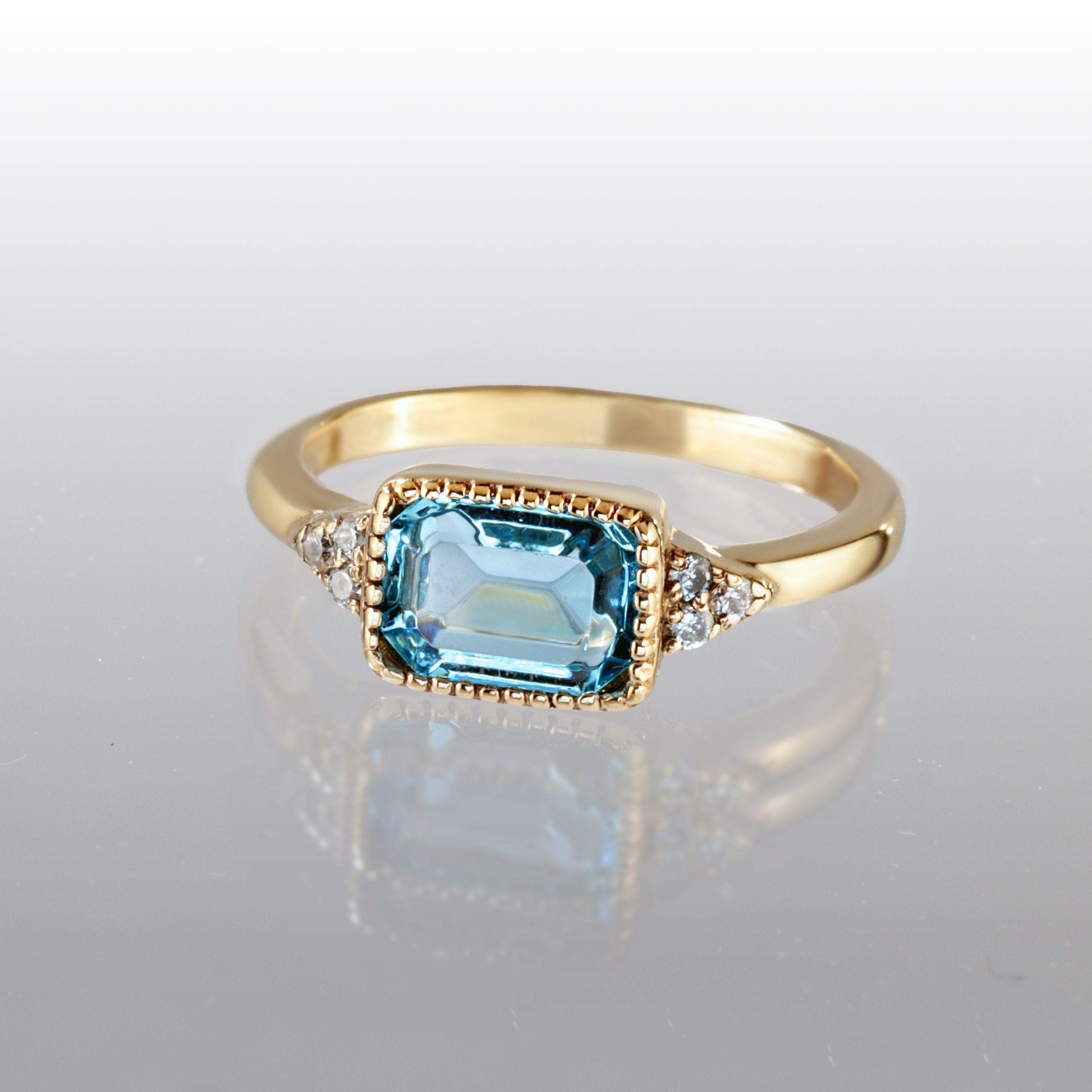 East-West Octagon Aquamarine Ring with Clear Quartz Accents - H.L.Jewelry