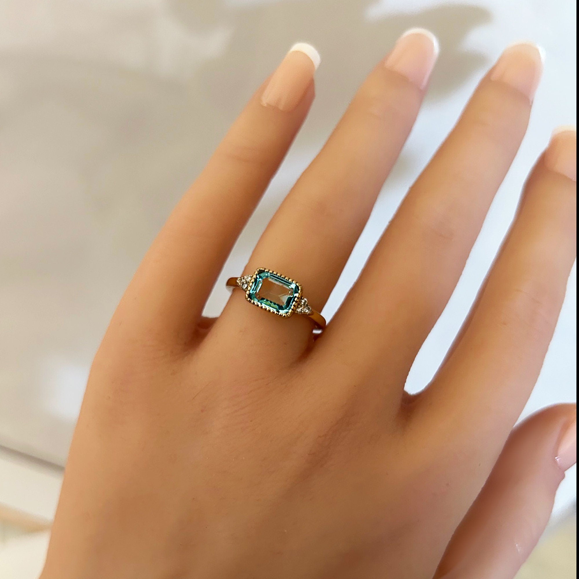 East-West Octagon Aquamarine Ring with Clear Quartz Accents - H.L.Jewelry