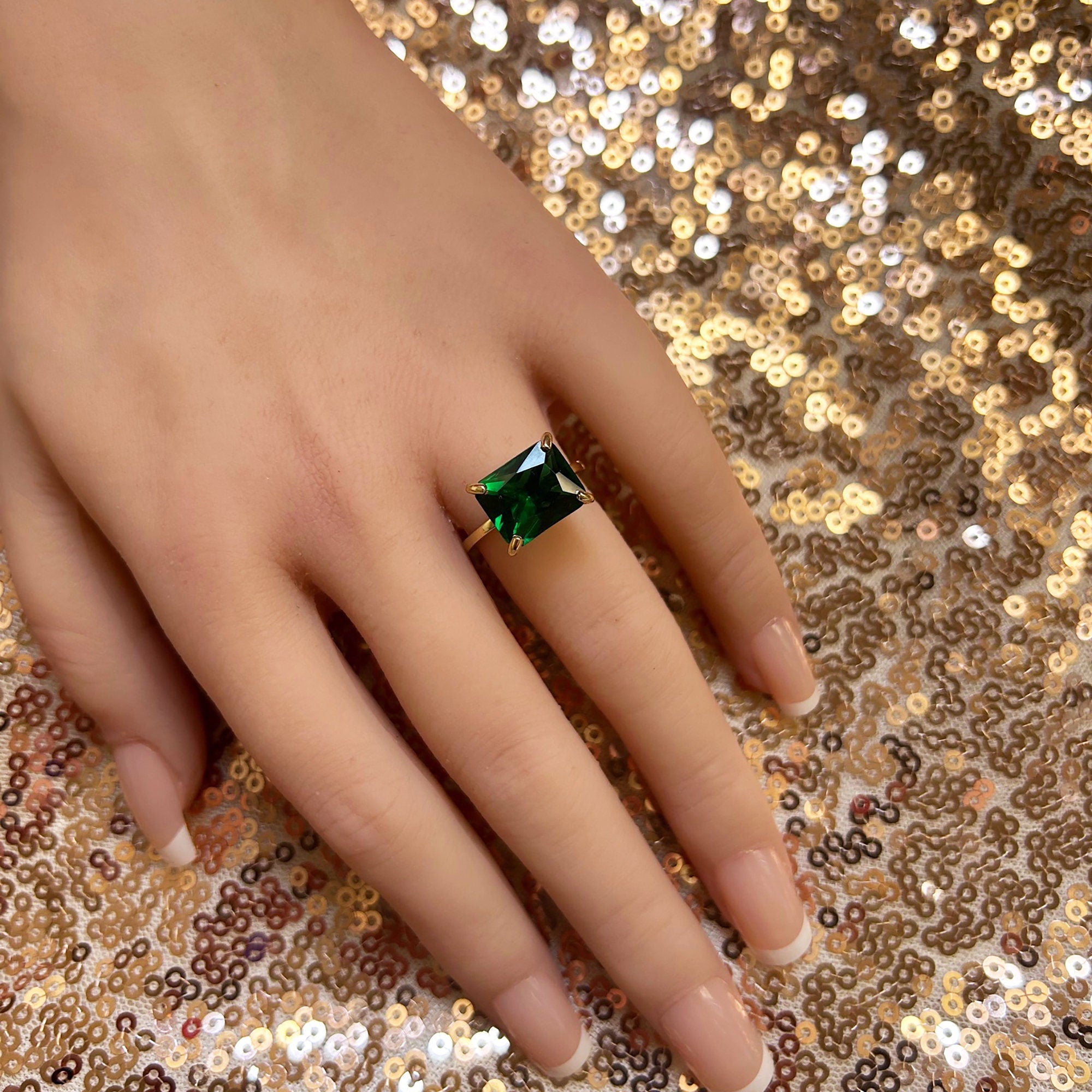 East-West Octagon Emerald Gemstone Solitaire Ring - H.L.Jewelry