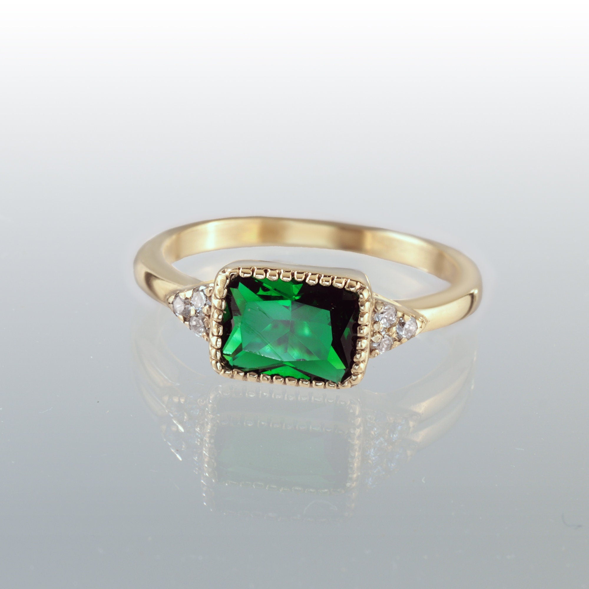 East-West Octagon Emerald Ring with Clear Quartz Accents - H.L.Jewelry