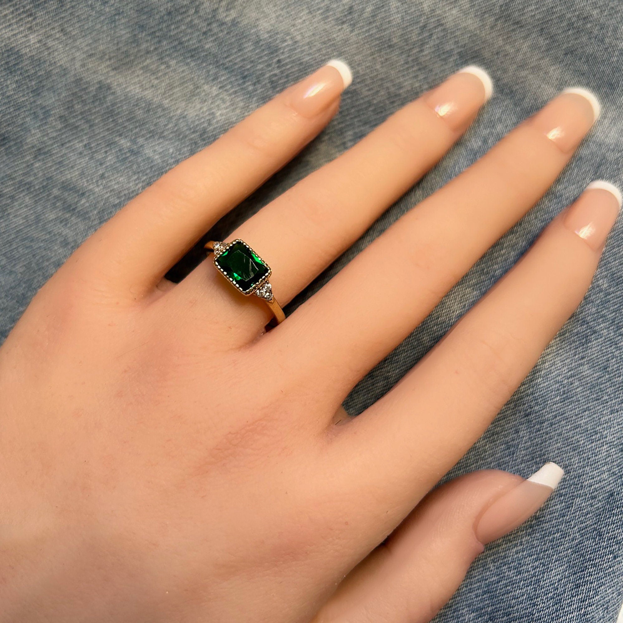 East-West Octagon Emerald Ring with Clear Quartz Accents - H.L.Jewelry