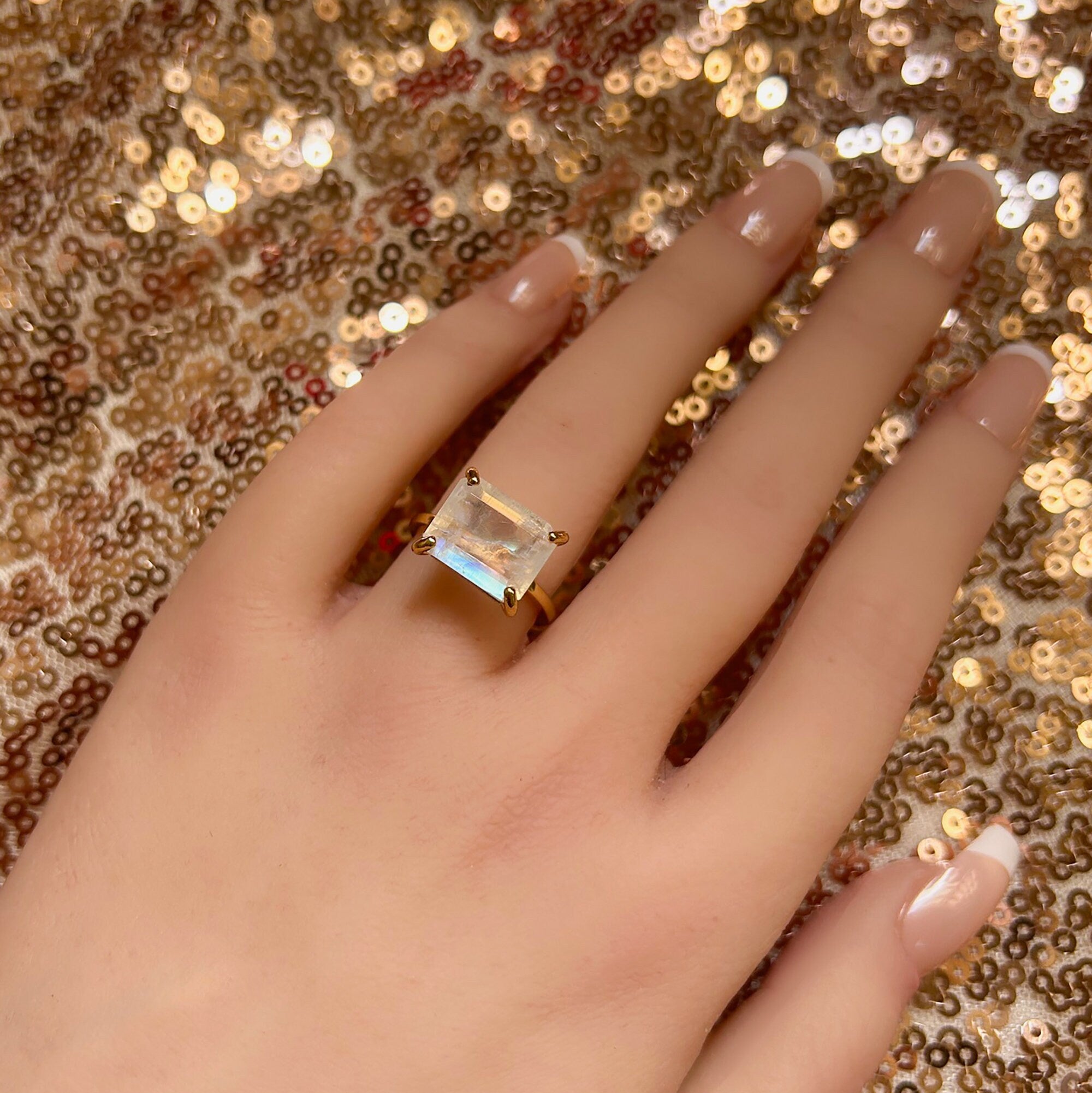 East-West Octagon Rainbow Moonstone Solitaire Ring - H.L.Jewelry