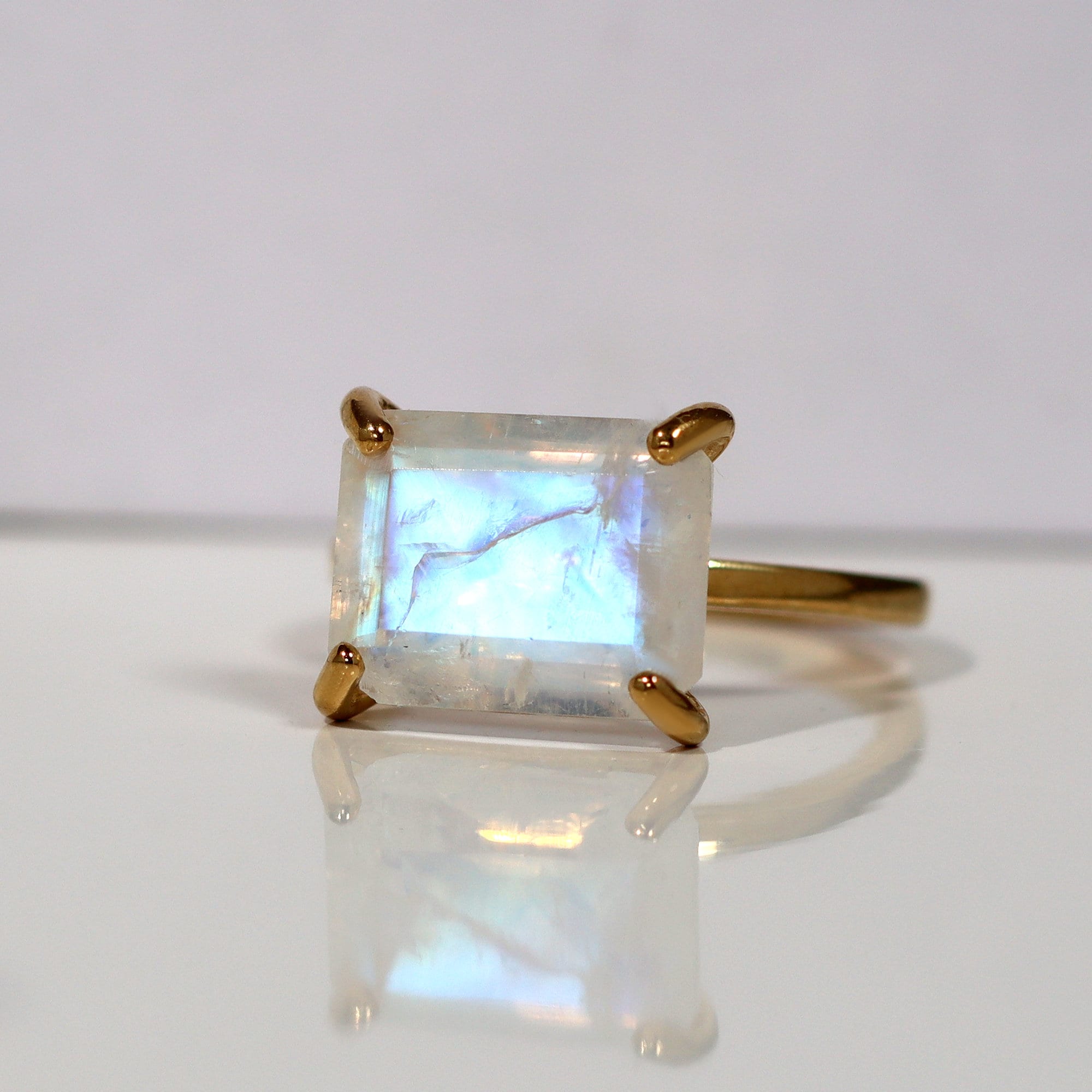 East-West Octagon Rainbow Moonstone Solitaire Ring - H.L.Jewelry
