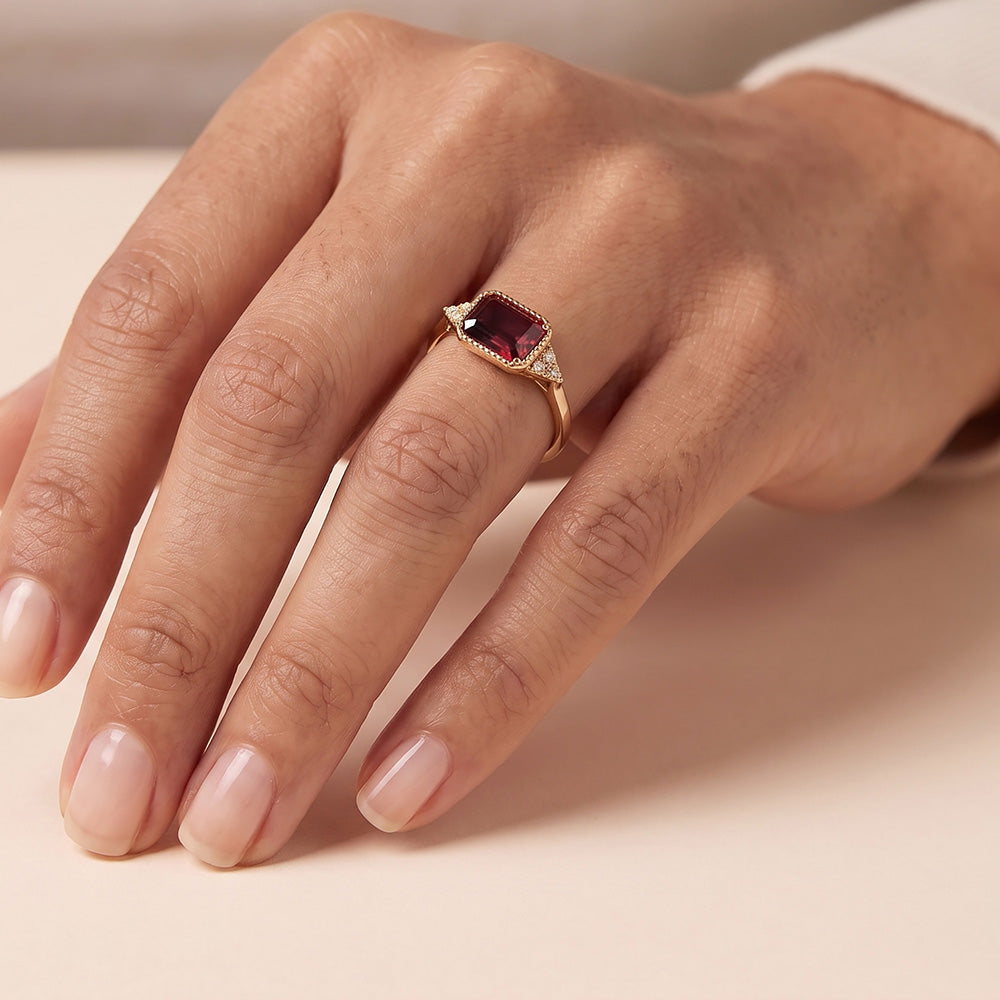 East-West Octagon Red Garnet Ring with Clear Quartz Assents - H.L.Jewelry