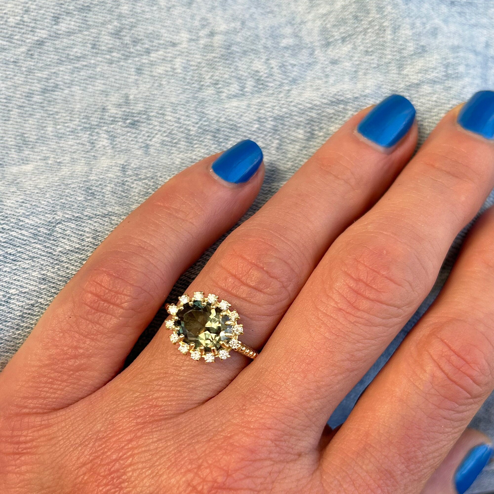 East-West Oval Green Tourmaline Ring with Clear Quartz Halo - H.L.Jewelry