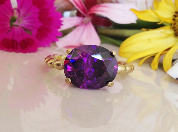East-West Oval Purple Amethyst Beaded Band Statement Ring - H.L.Jewelry
