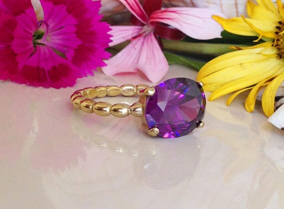 East-West Oval Purple Amethyst Beaded Band Statement Ring - H.L.Jewelry