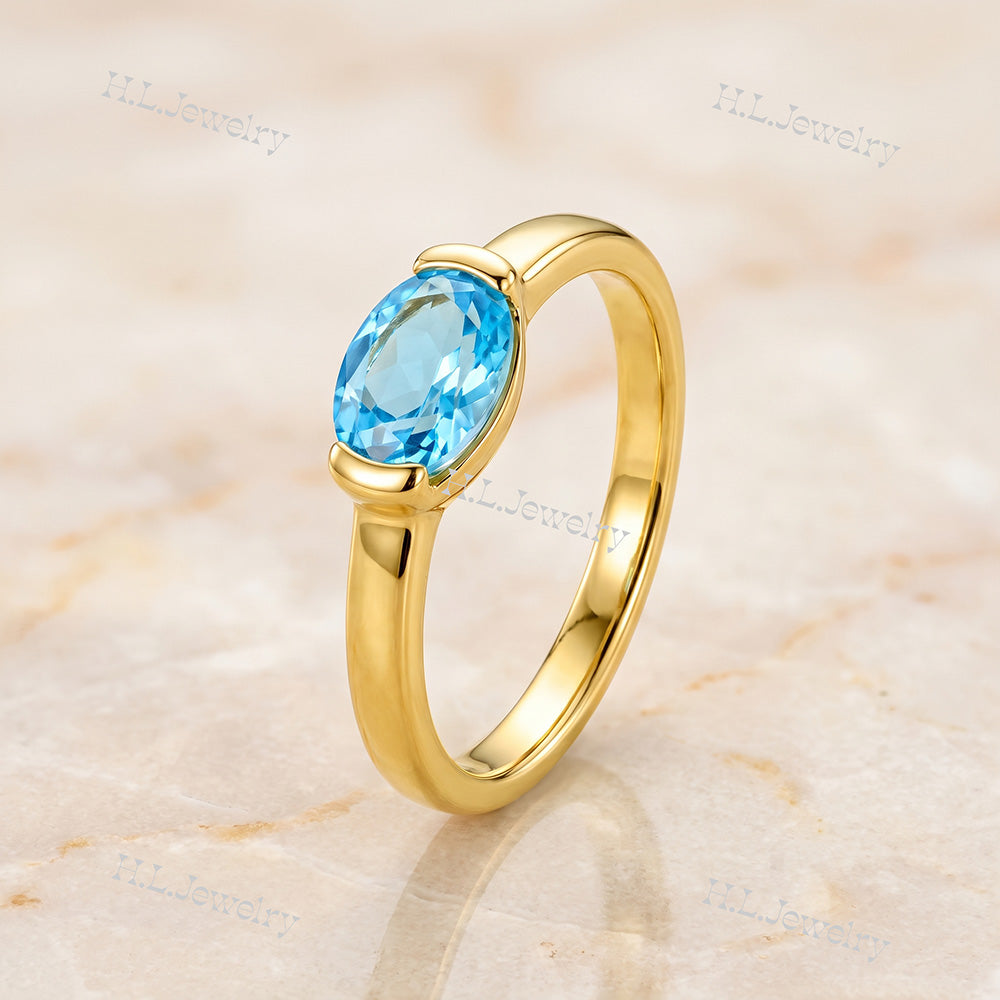 East-West Oval Sky Blue Topaz Stacking Ring - H.L.Jewelry