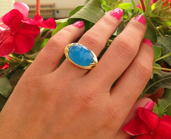 East-West Rose Cut Oval Blue Chalcedony Statement Ring - H.L.Jewelry