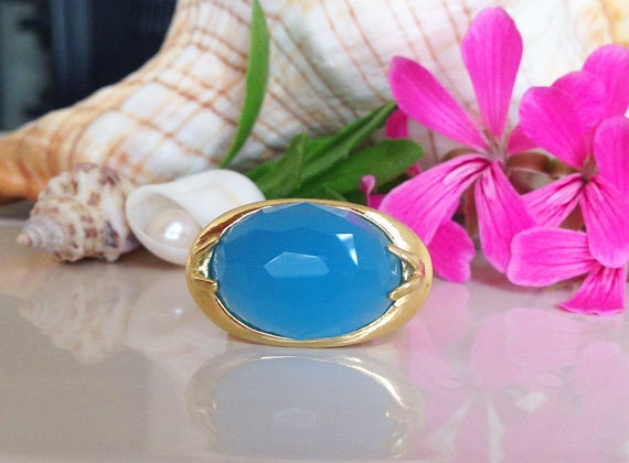 East-West Rose Cut Oval Blue Chalcedony Statement Ring - H.L.Jewelry