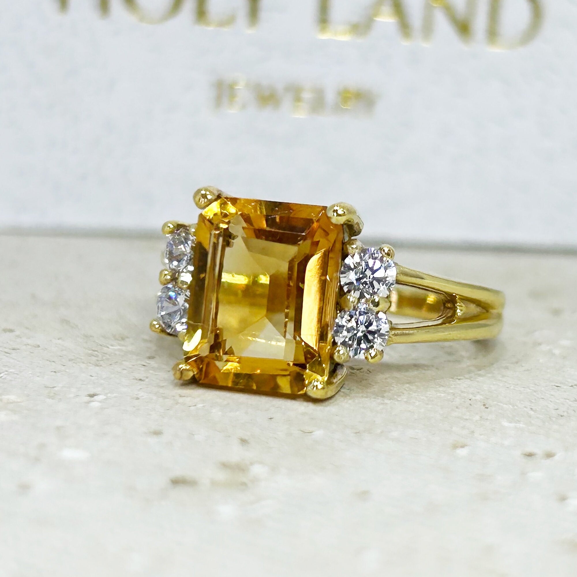 Emerald-Cut Citrine Double Band Ring with Clear Quartz Accents - H.L.Jewelry