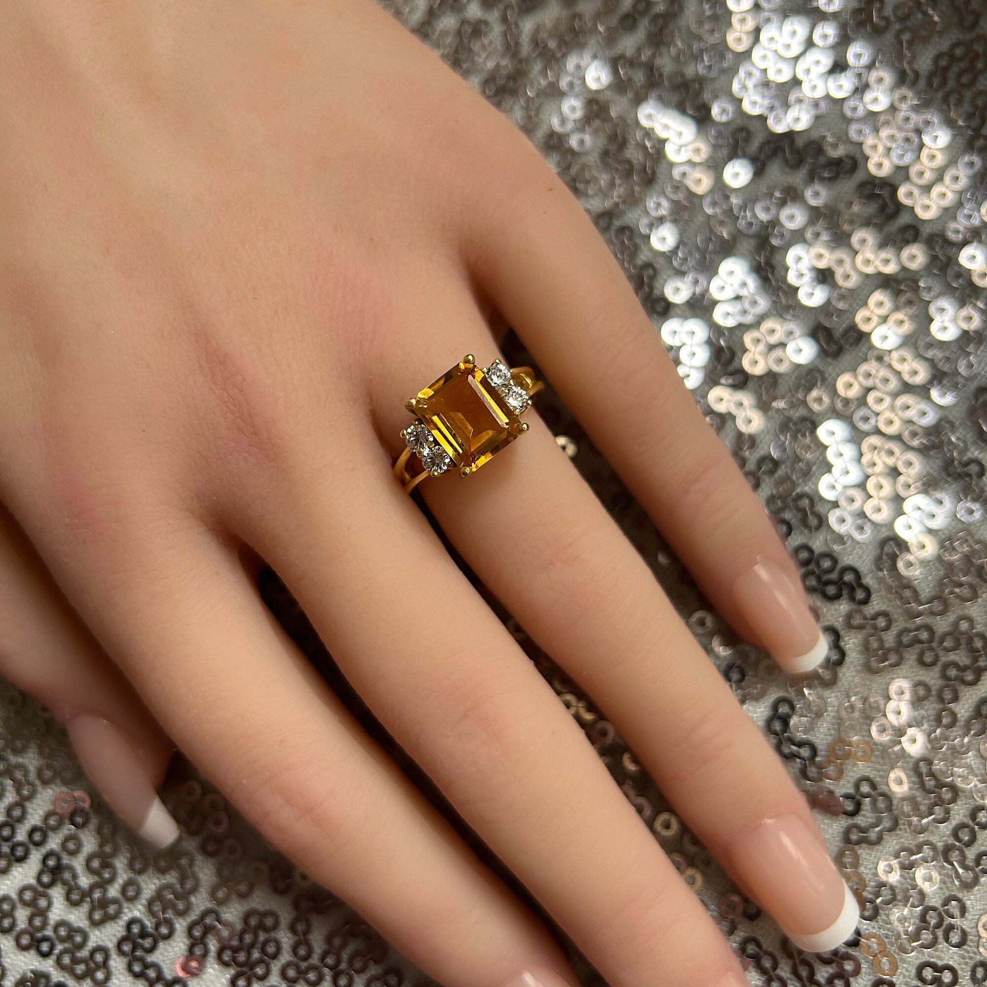 Emerald-Cut Citrine Double Band Ring with Clear Quartz Accents - H.L.Jewelry