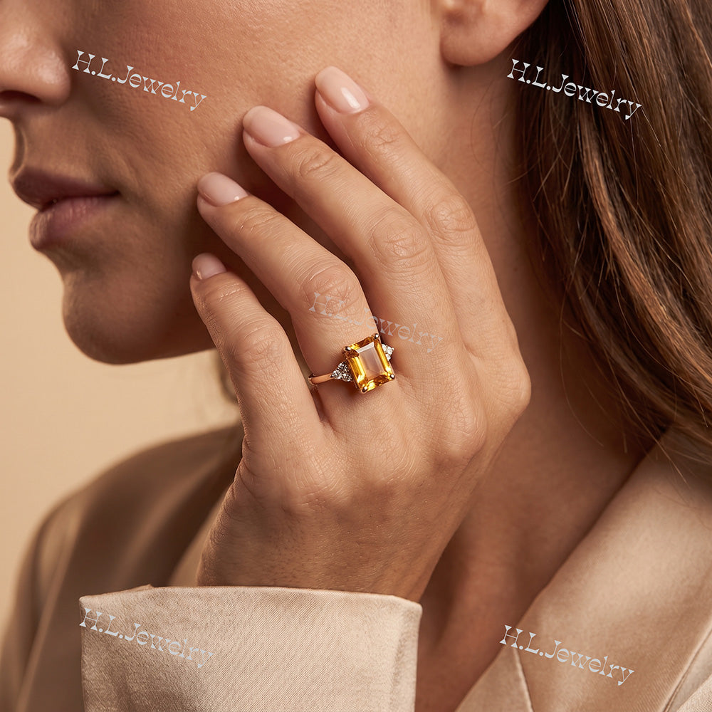 Emerald-Cut Citrine Engagement Ring with Clear Quartz Accents - H.L.Jewelry