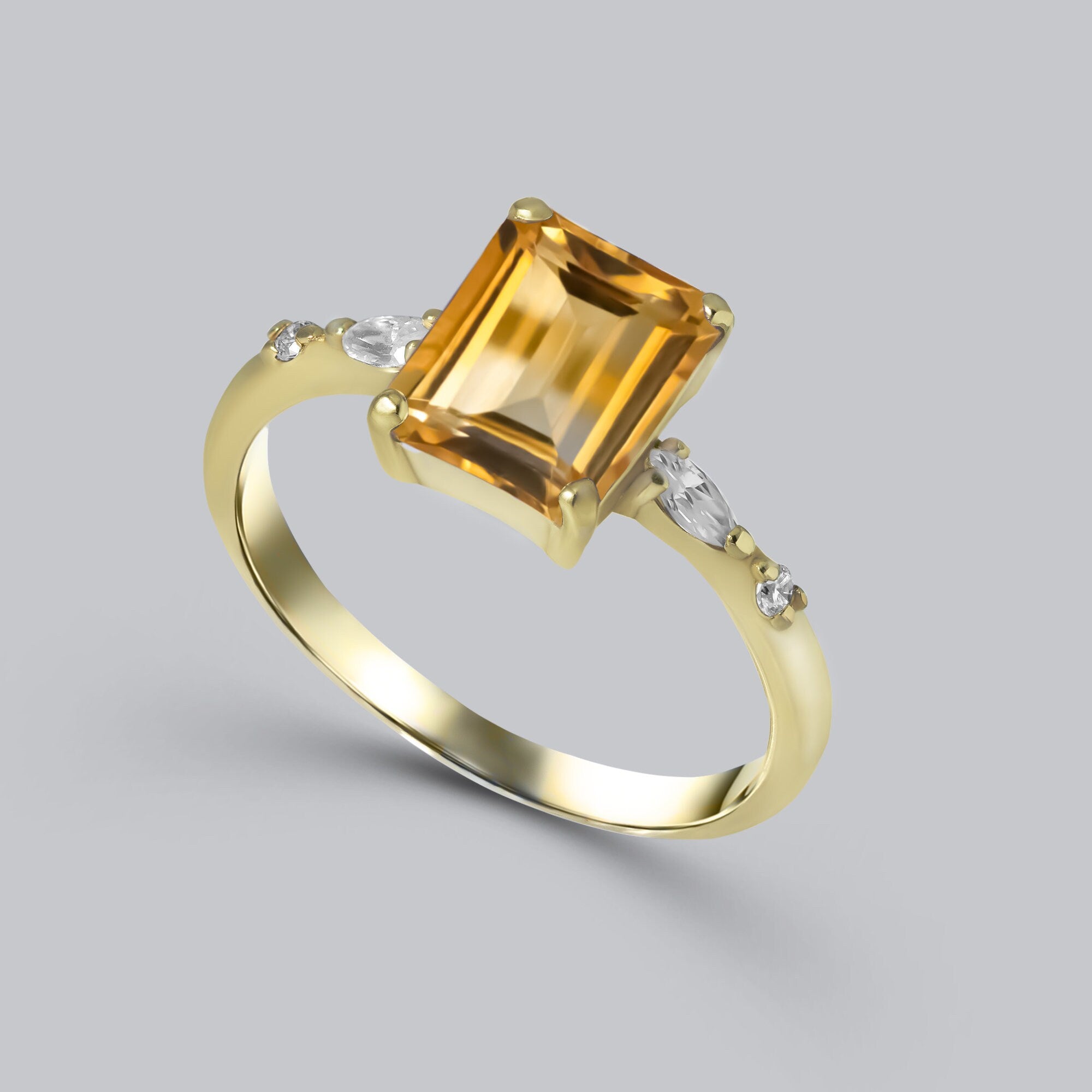 Emerald-Cut Citrine Gemstone Ring with Clear Quartz Accents - H.L.Jewelry