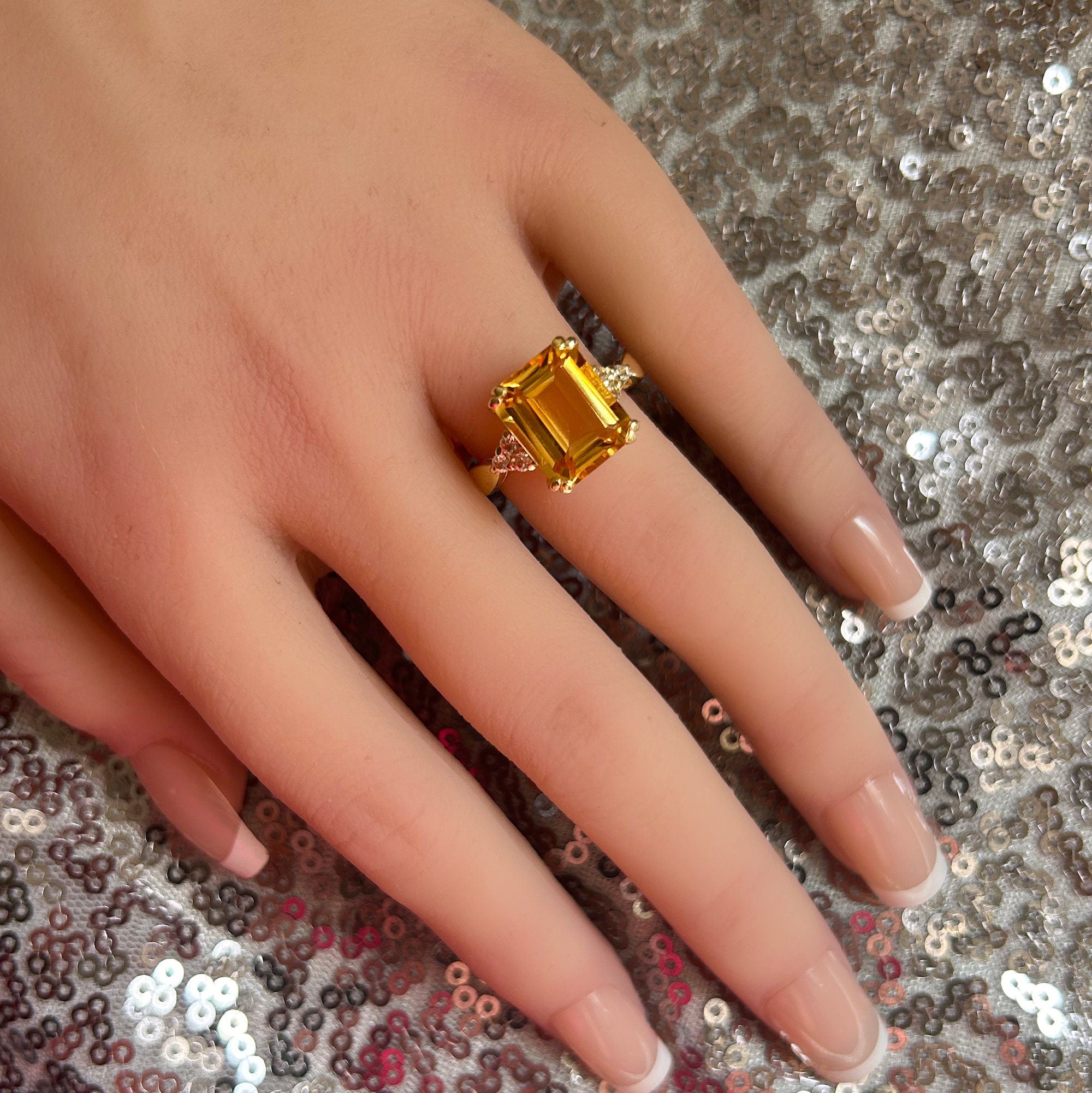 Emerald-Cut Citrine Statement Ring with Clear Quartz Accents - H.L.Jewelry