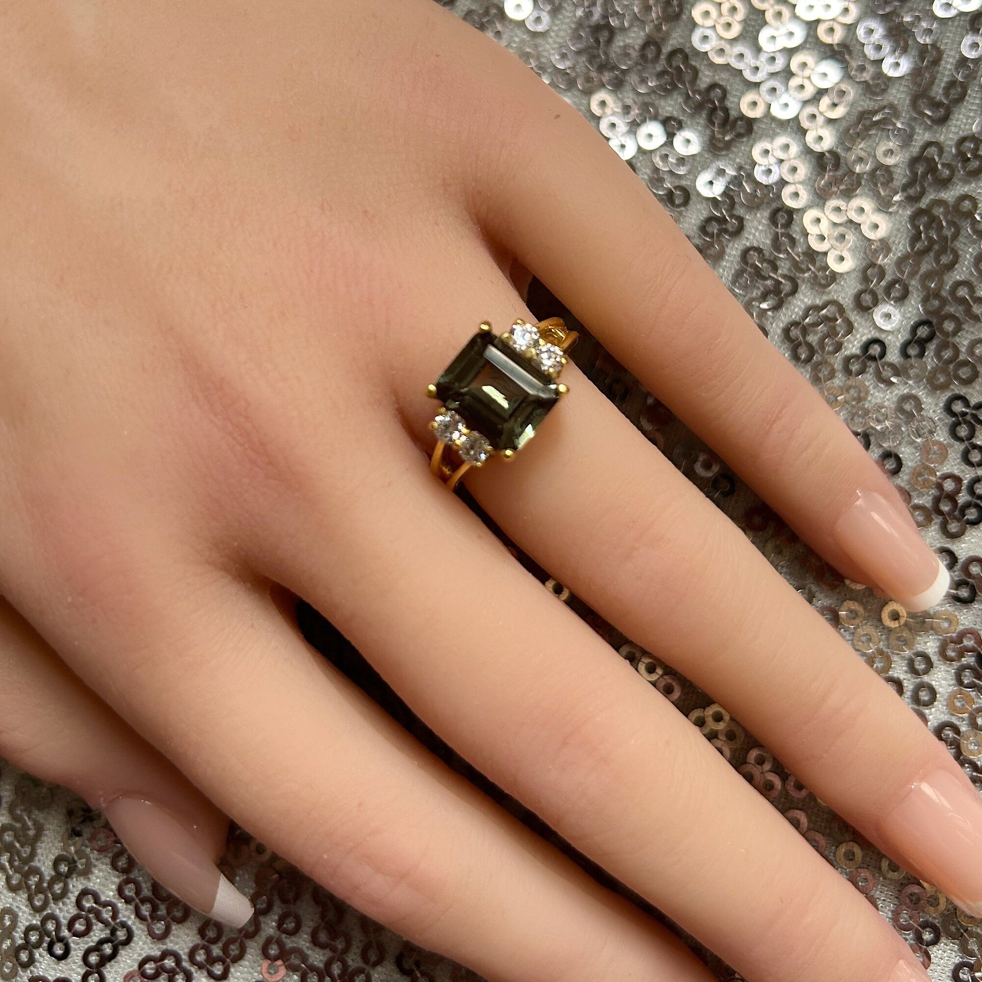 Emerald Cut Green Tourmaline Double Band Ring with Clear Quartz Accents - H.L.Jewelry