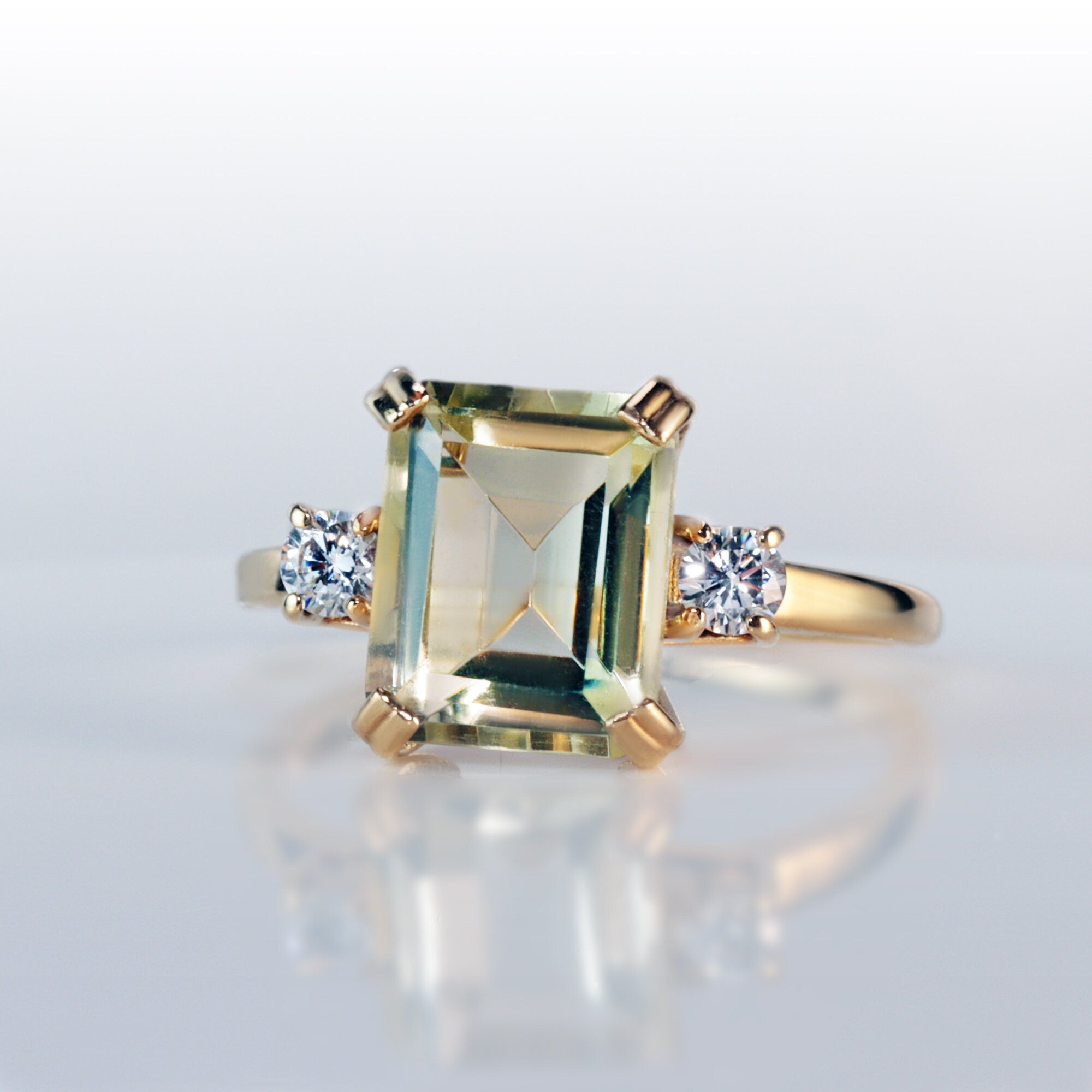 Emerald Cut Lemon Quartz Ring with Clear Quartz Accents - H.L.Jewelry
