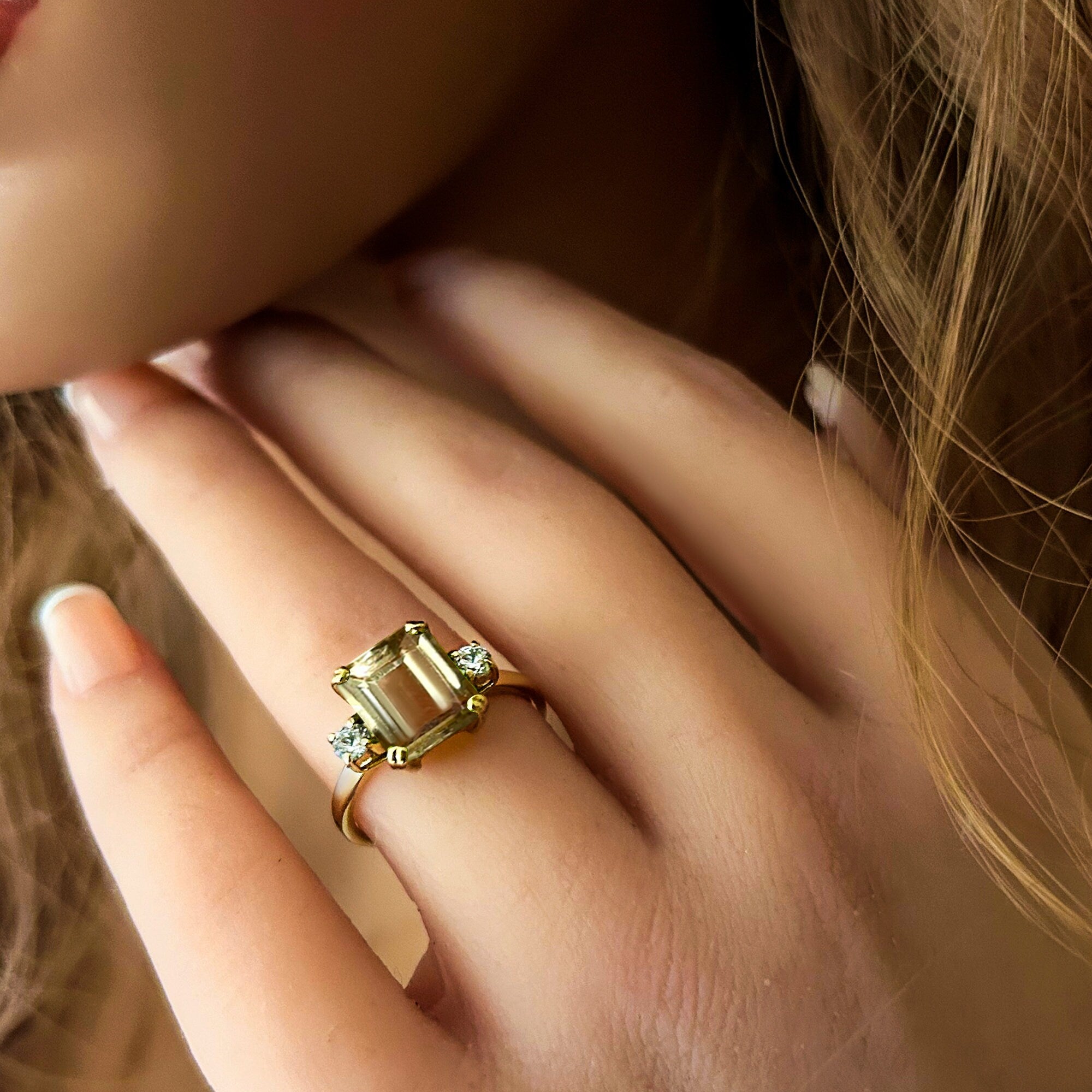 Emerald Cut Lemon Quartz Ring with Clear Quartz Accents - H.L.Jewelry