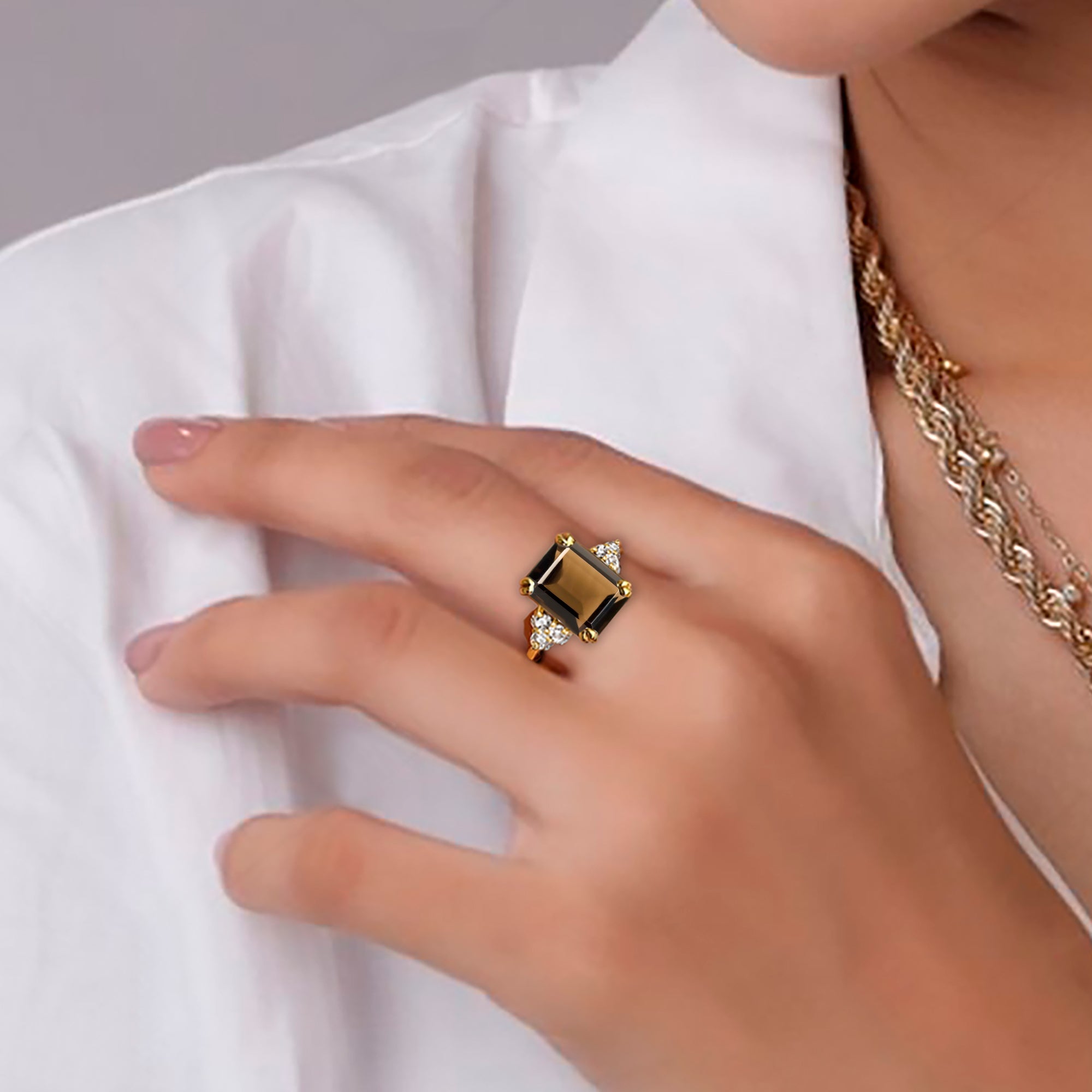 Emerald-Cut Smoky Quartz Engagement Ring with Clear Quartz Accents - H.L.Jewelry