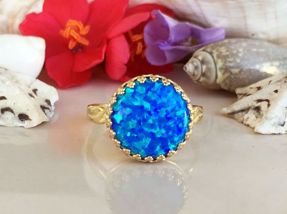 Large Blue Opal Round Crown Cocktail Statement Ring - H.L.Jewelry
