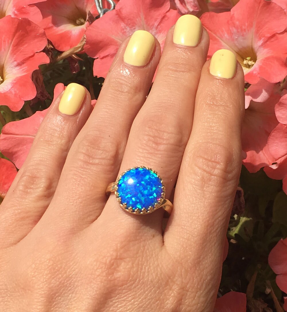 Large Blue Opal Round Crown Cocktail Statement Ring - H.L.Jewelry