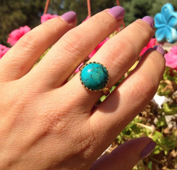 Large Green Turquoise Round Crown Ring - H.L.Jewelry