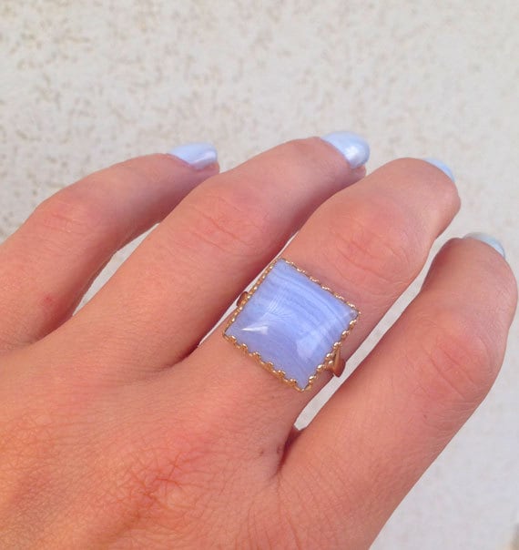 Large Lace Agate Gemstone Square Crown Ring - H.L.Jewelry