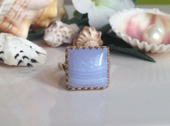 Large Lace Agate Gemstone Square Crown Ring - H.L.Jewelry