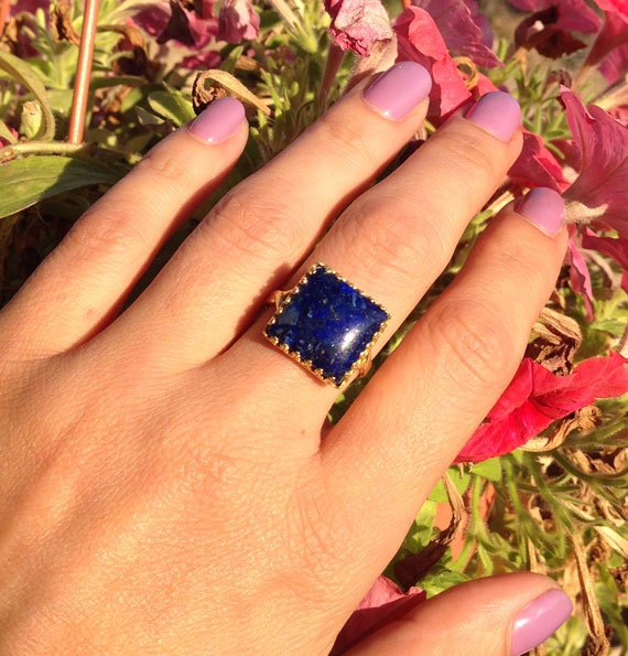 Large Lapis Lazuli Square Crown Statement Ring - H.L.Jewelry