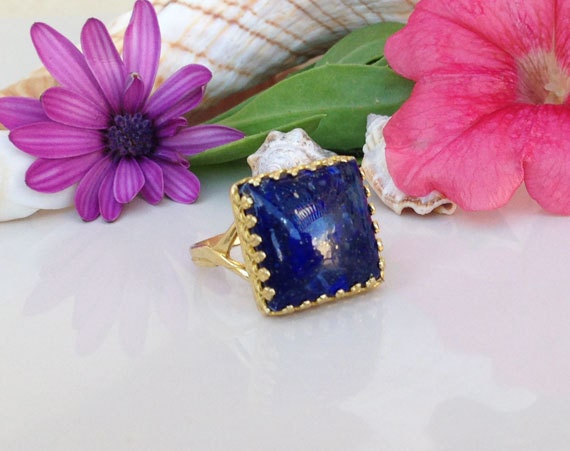 Large Lapis Lazuli Square Crown Statement Ring - H.L.Jewelry