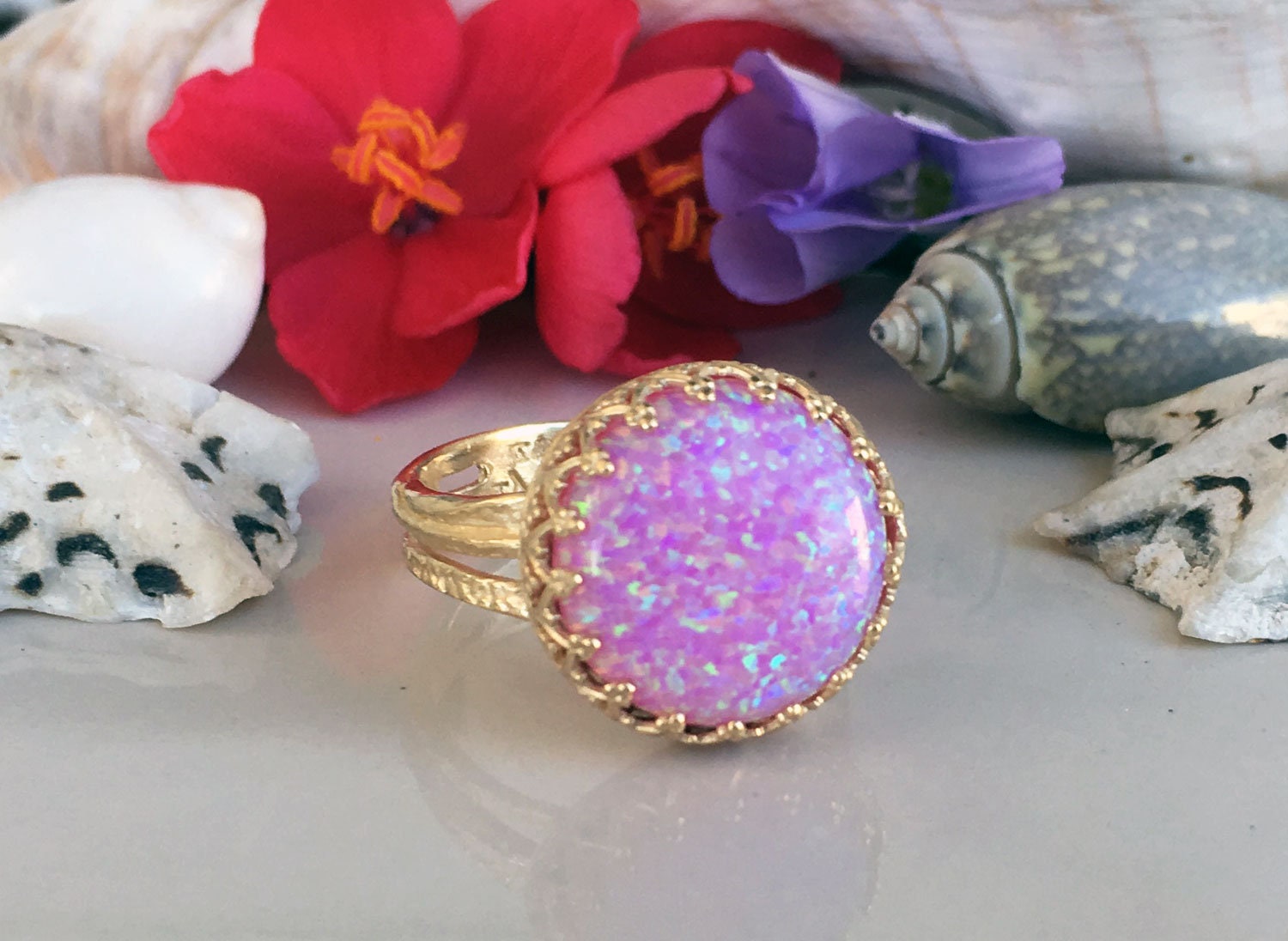 Large Pink Opal Round Crown Ring - H.L.Jewelry