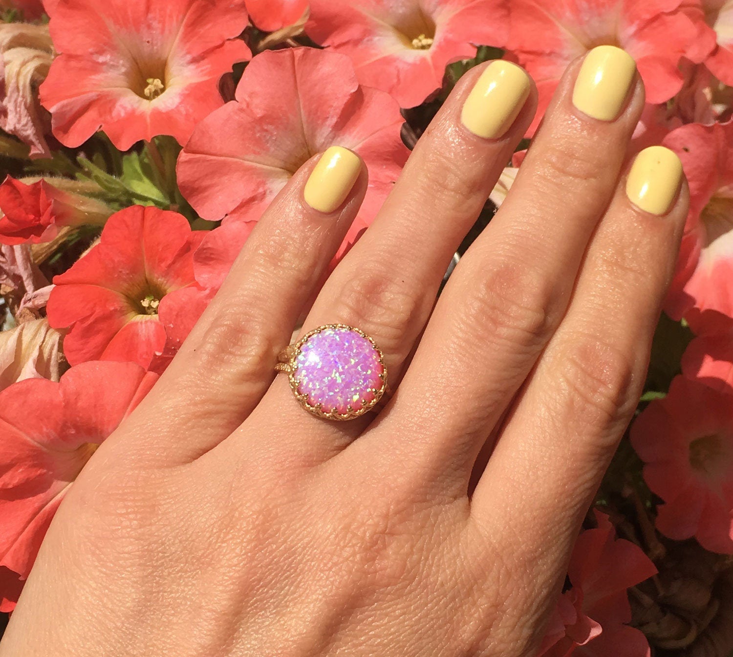 Large Pink Opal Round Crown Ring - H.L.Jewelry