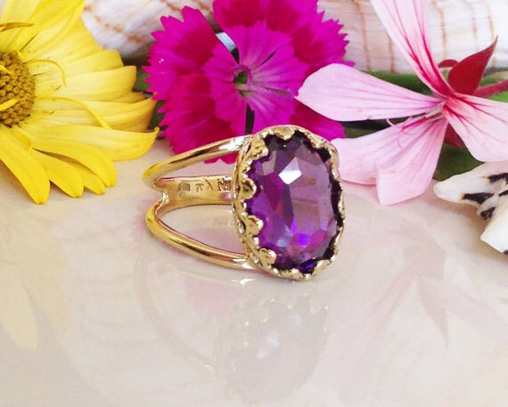 Large Purple Amethyst Oval Crown Double Band Statement Ring - H.L.Jewelry