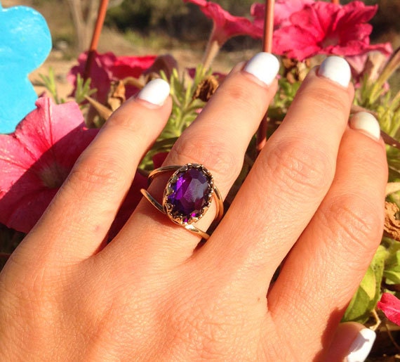 Large Purple Amethyst Oval Crown Double Band Statement Ring - H.L.Jewelry