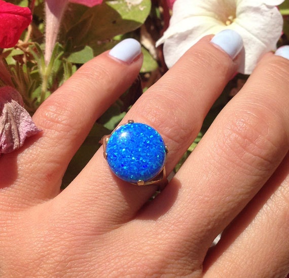 Large Round Blue Opal Cocktail Statement Ring - H.L.Jewelry