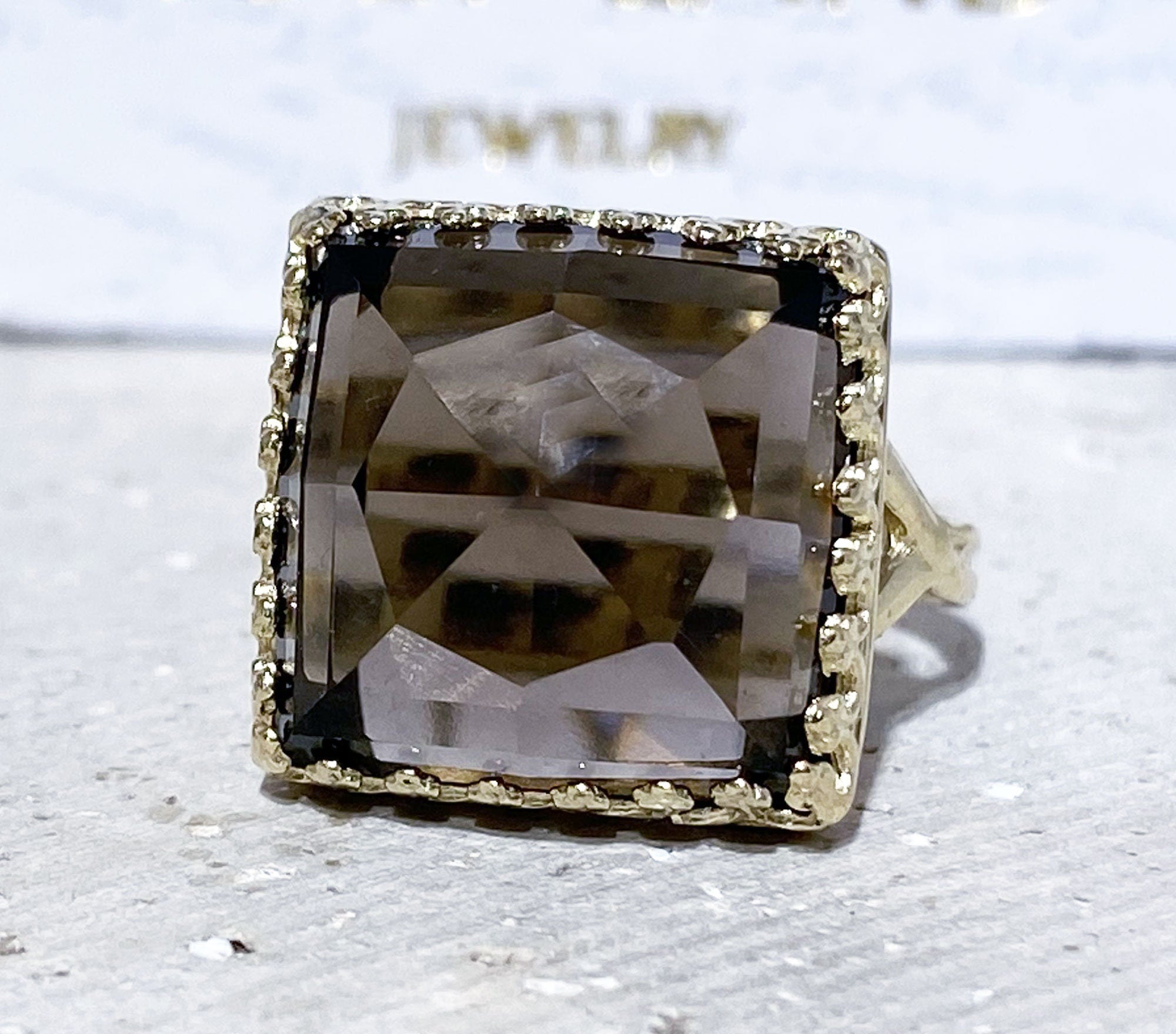 Large Smoky Quartz Square Crown Statement Ring - H.L.Jewelry