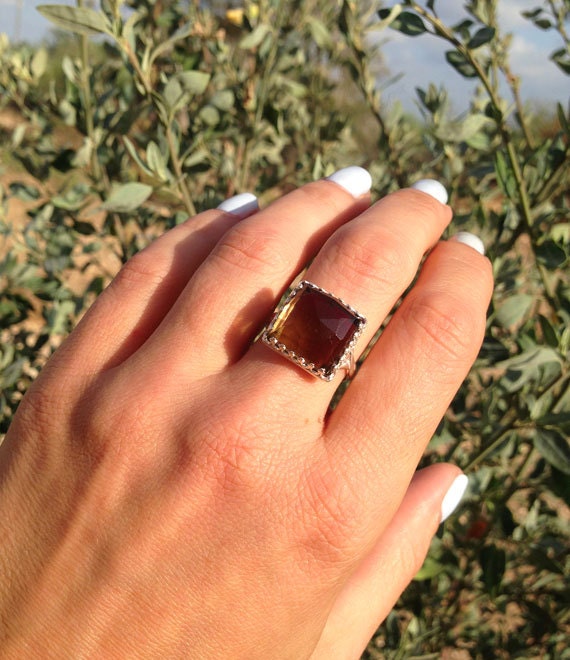 Large Smoky Quartz Square Crown Statement Ring - H.L.Jewelry