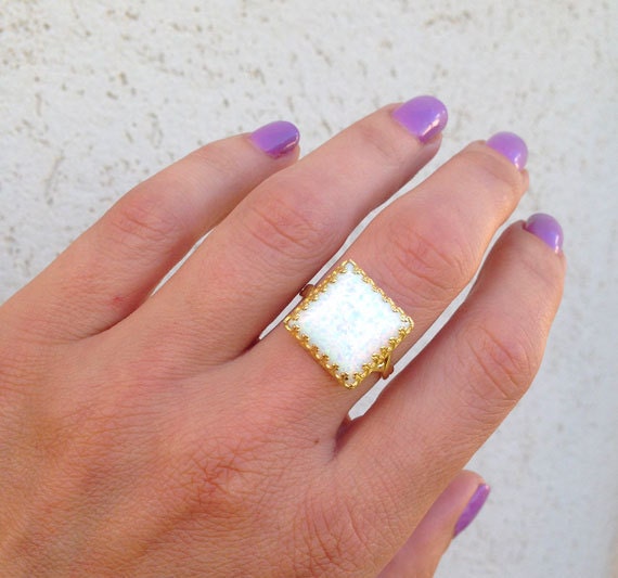 Large White Opal Square Crown Statement Ring - H.L.Jewelry