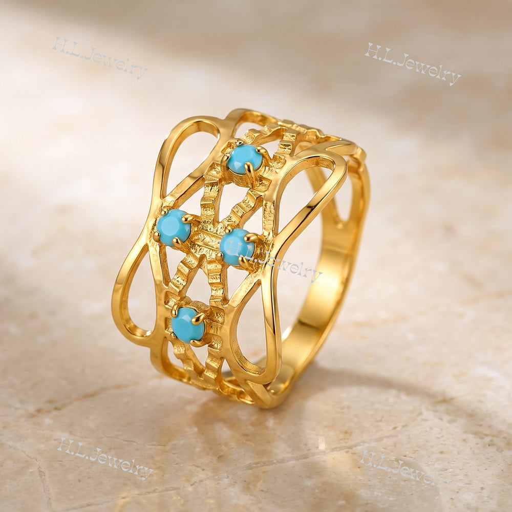 Natural Blue Turquoise Wide Filigree Hammered Band Ring - H.L.Jewelry
