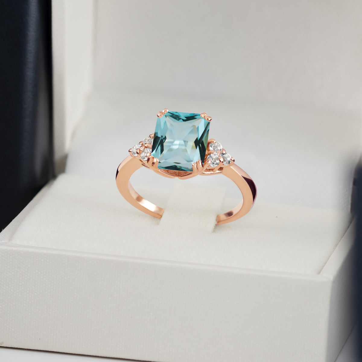 Octagon Aquamarine Engagement Ring with Clear Quartz Accents - H.L.Jewelry