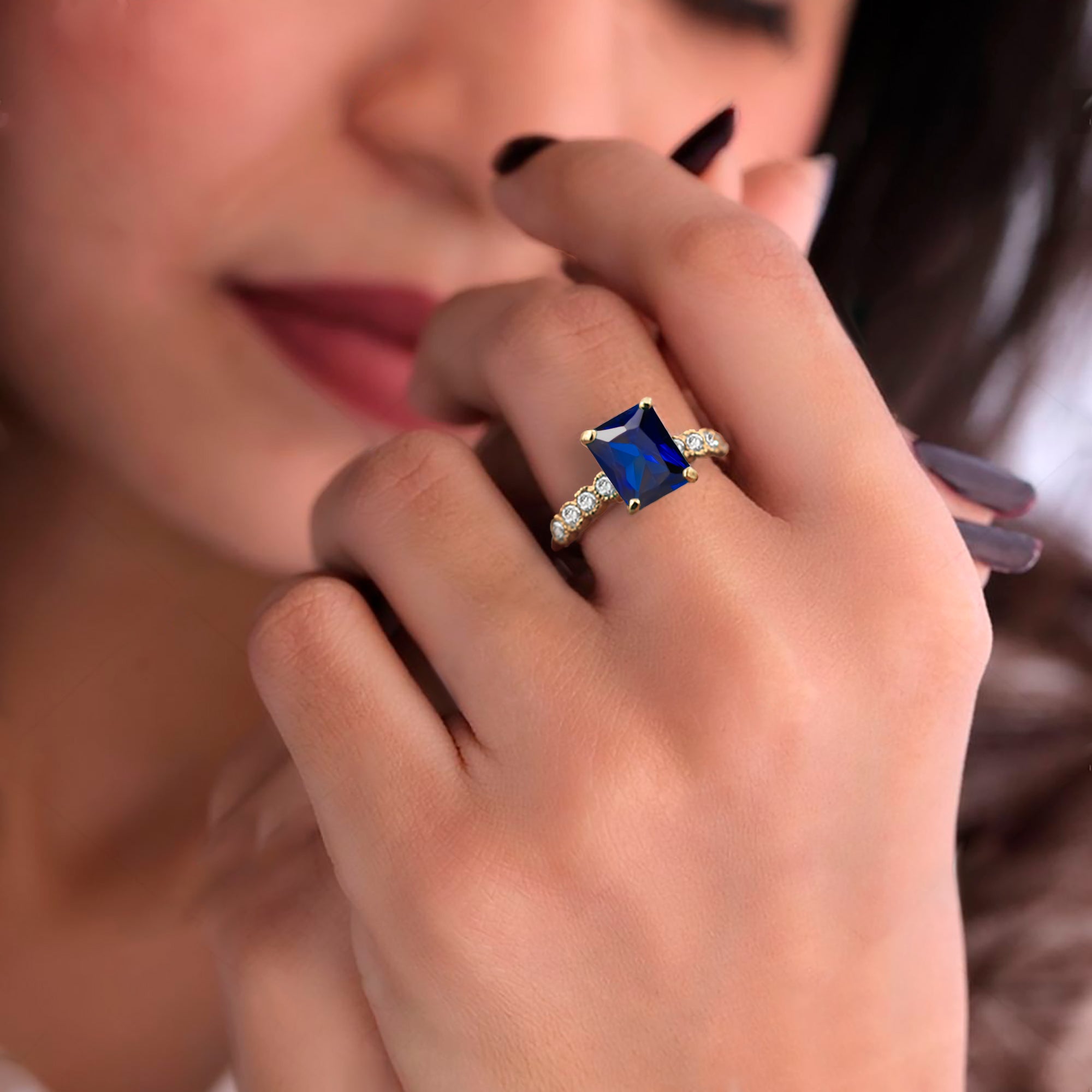 Octagon Blue Sapphire Engagement Ring with Clear Quartz Accents - H.L.Jewelry