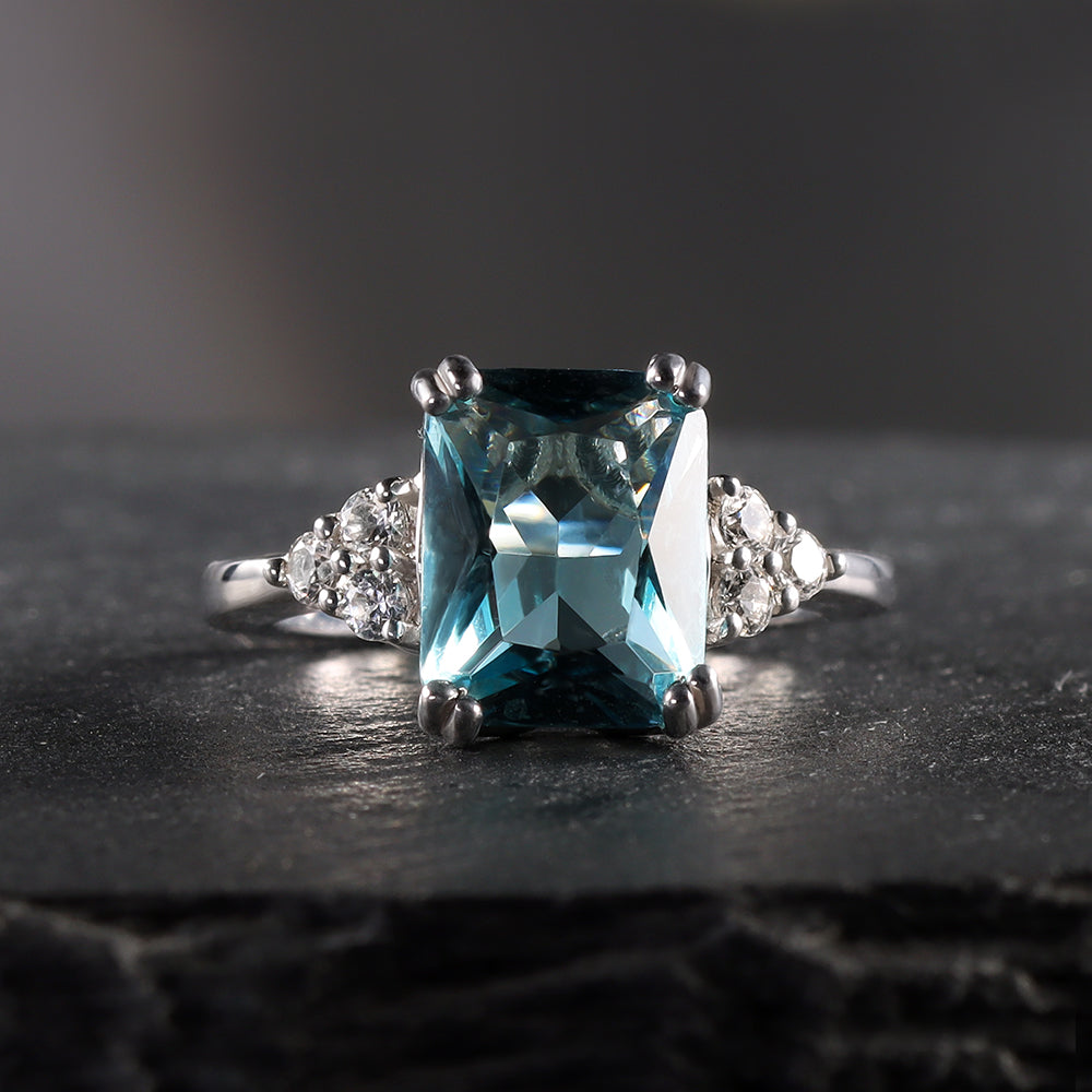 Octagon Blue Topaz Engagement Ring with Clear Quartz Accents - H.L.Jewelry