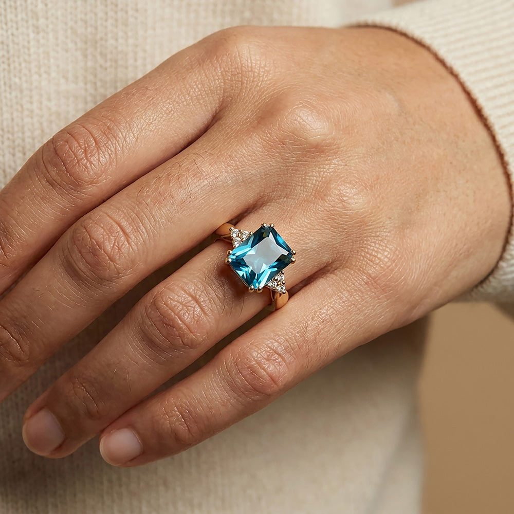 Octagon Blue Topaz Statement Engagement Ring with Clear Quartz Accents - H.L.Jewelry