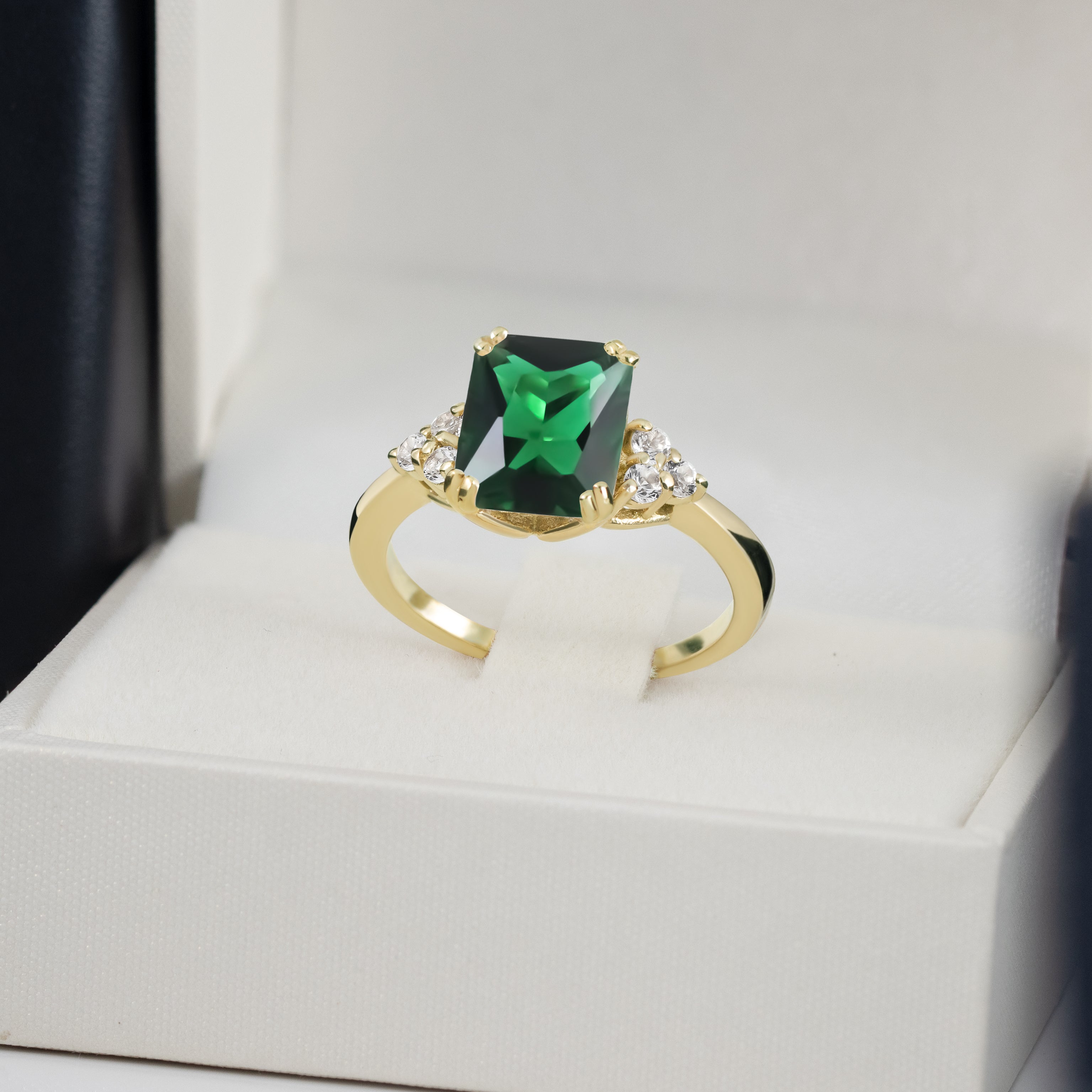 Octagon Emerald Engagement Ring with Clear Quartz Accents - H.L.Jewelry