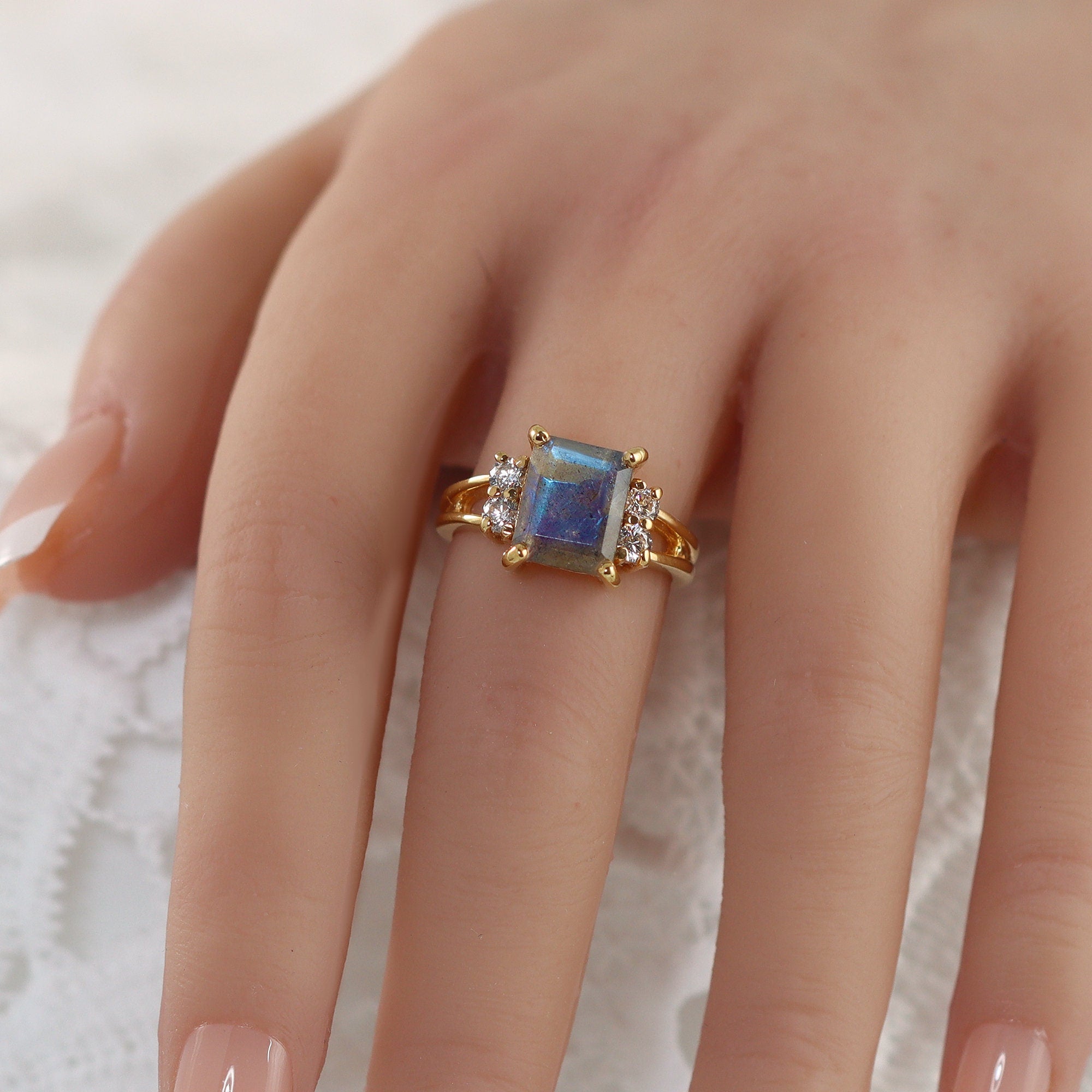 Octagon Labradorite Double Band Ring with Clear Quartz Accents - H.L.Jewelry